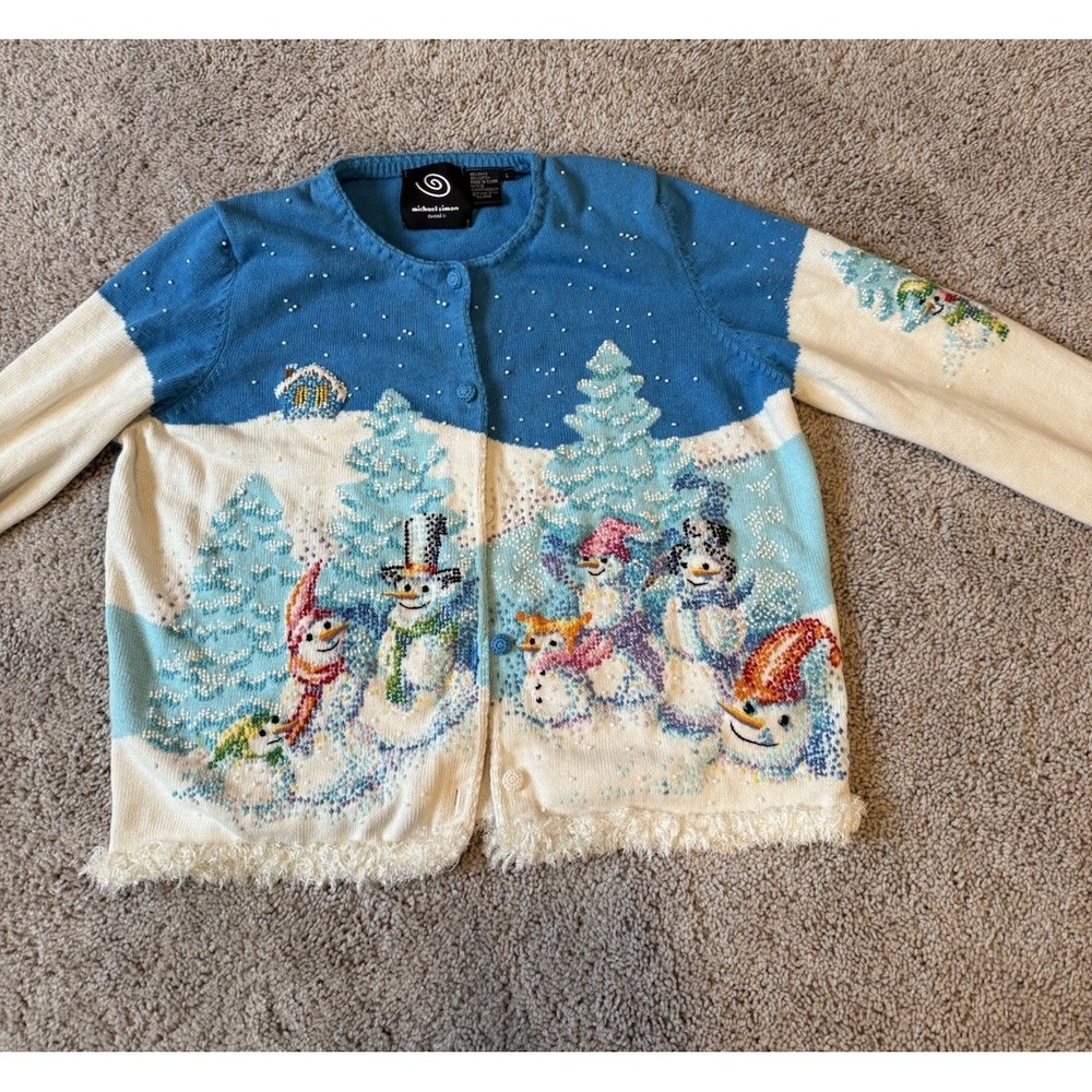 Michael Simon snowmen christmas sweater cardigan Vintage SZ M‎ Read 90's holiday
